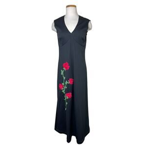Vintage 60s Black Maxi Dress Red Rose Appliqué Sleeveless Mod Witchy XS/S